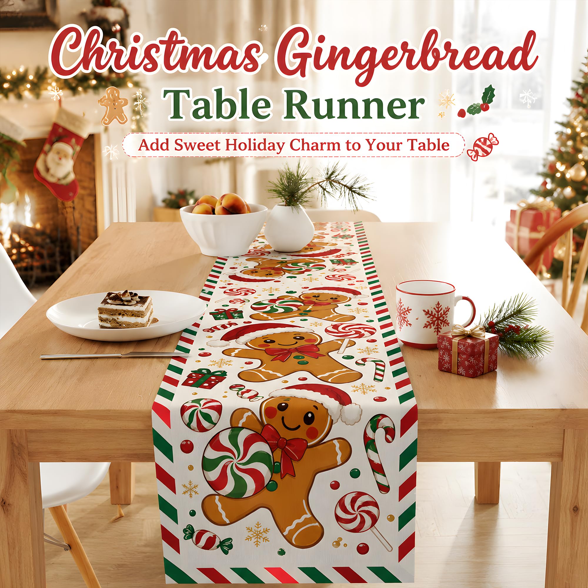 Linen Table Runner - クリスマス・ジンジャーブレッドマン柄のテーブルランナー。可愛らしいキャンディケーンとロリポップのプリントが施され、クリスマスパーティーのキッチンや冬のホリデーシーズンにぴったりのテーブルデコレーションです。