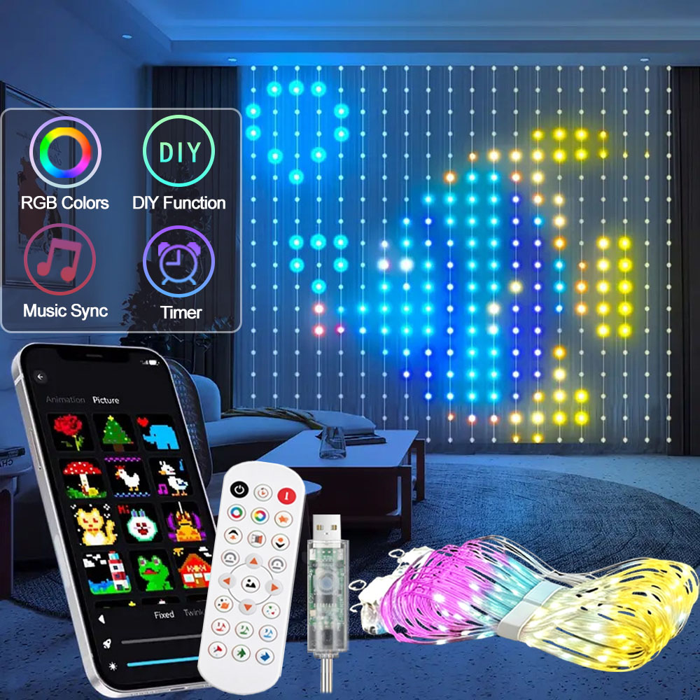 Home Decor Free App - スマートLEDカーテンライト アプリ制御 RGB調光可能 DIYパターン 音楽連動アンビエント照明 家庭用