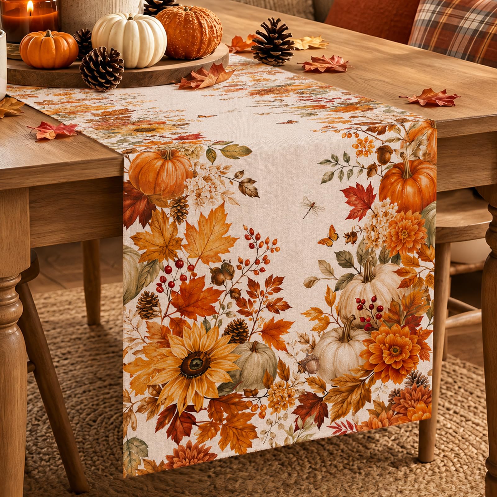 Linen Table Runner - 秋のひまわり・かぼちゃ・カエデの葉のテーブルランナー、感謝祭のファームハウススタイルのテーブルデコレーション、ダイニングテーブルやキッチンの秋の装飾に