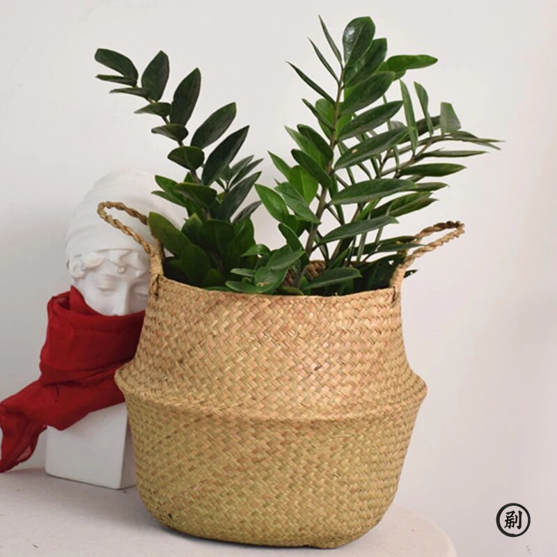 Rattan Plant Basket - 籐かごおもちゃオーガナイザー折りたたみ式ラタンシーグラス収納バスケットランドリー織りバスケット植物植木鉢家庭菜園用