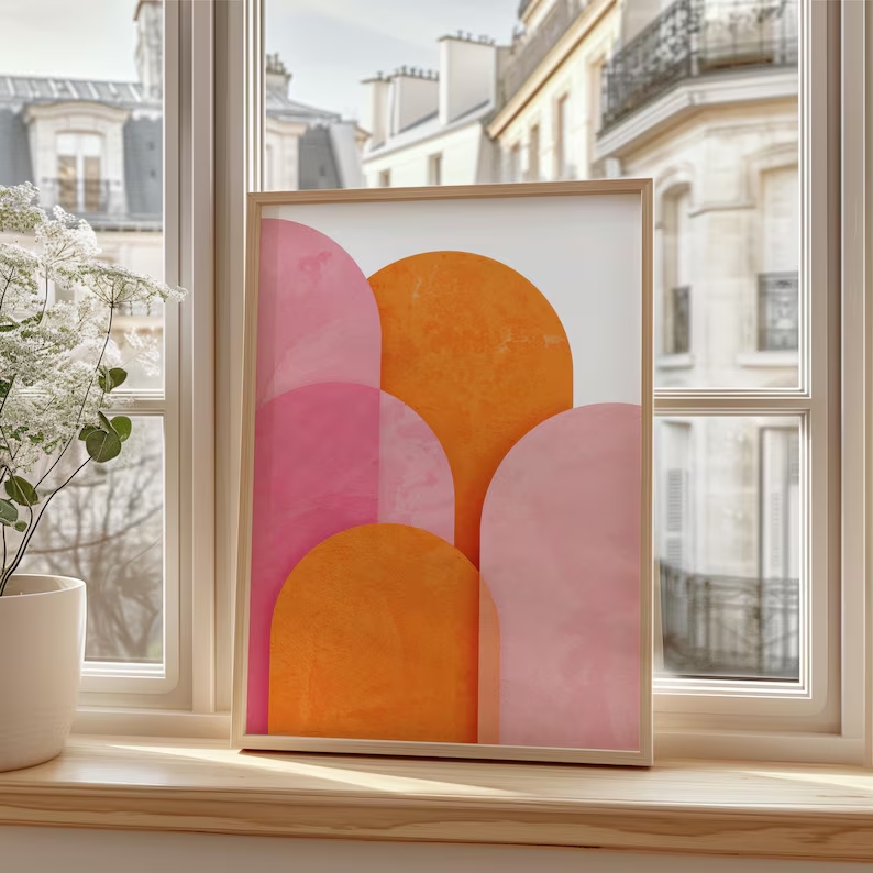モダンな抽象的なカラフルなピンクオレンジの幾何学模様の壁アー - Home Decor Theme のレビューと価格