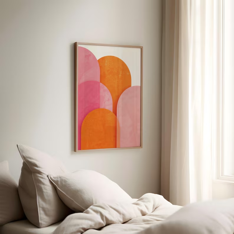 モダンな抽象的なカラフルなピンクオレンジの幾何学模様の壁アー - Home Decor Theme のレビューと価格