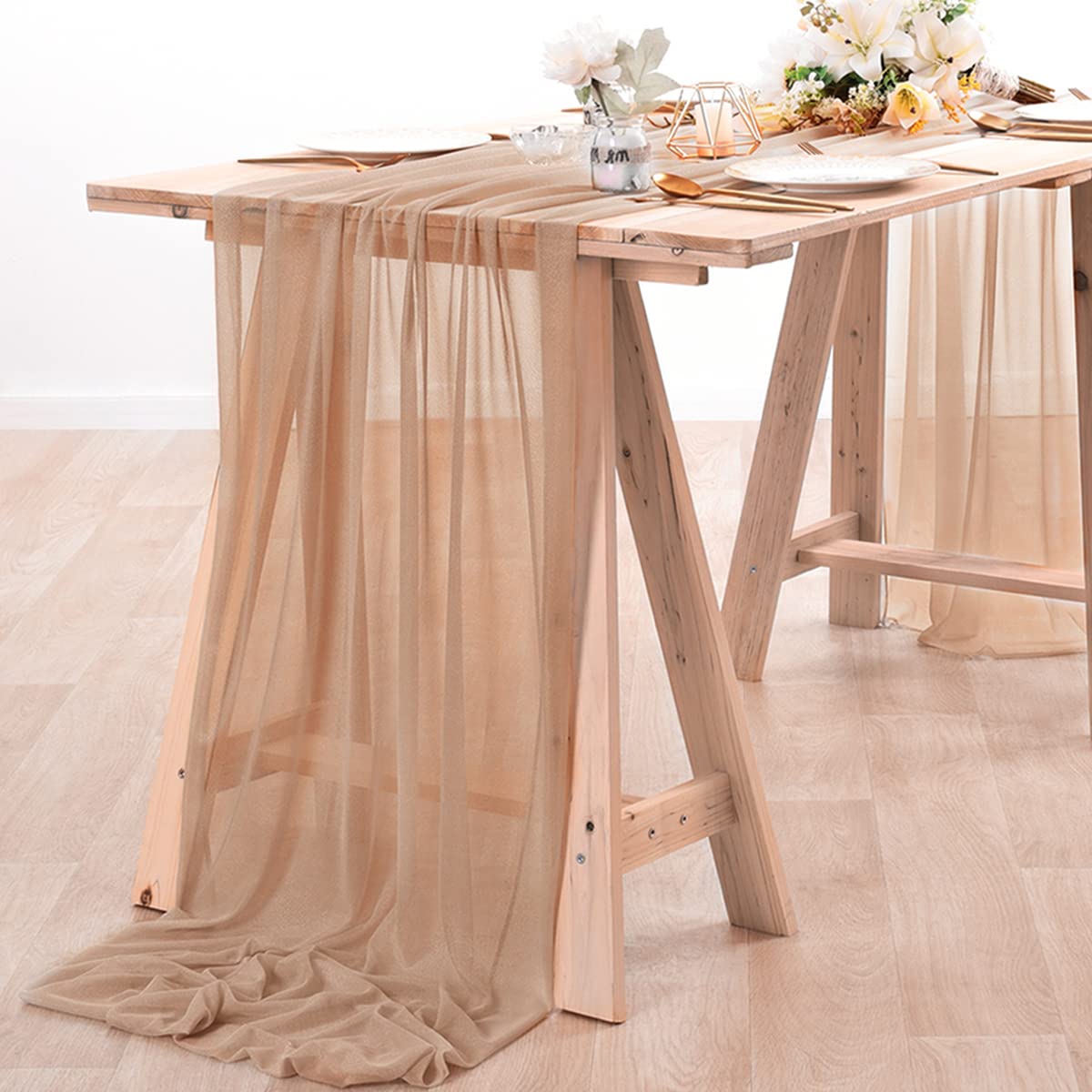 シフォンテーブルランナーヌード薄手の生地シルクウェディングア - Linen Table Runner のレビューと価格