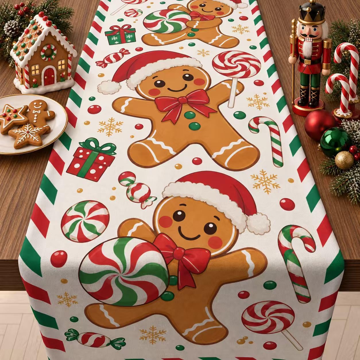 クリスマス・ジンジャーブレッドマン柄のテーブルランナー。可愛 - Linen Table Runner のレビューと価格