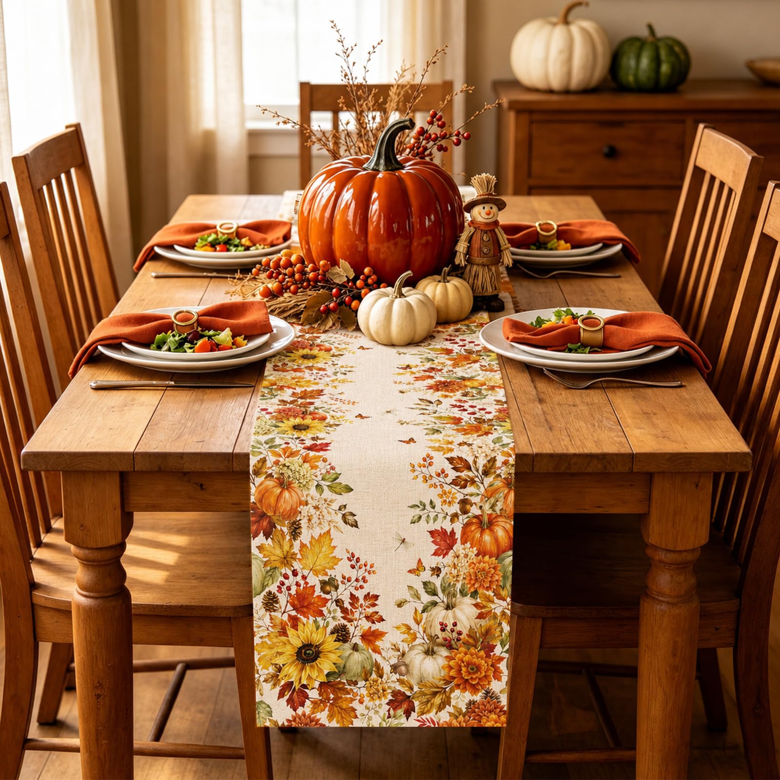 秋のひまわり・かぼちゃ・カエデの葉のテーブルランナー、感謝祭 - Linen Table Runner のレビューと価格