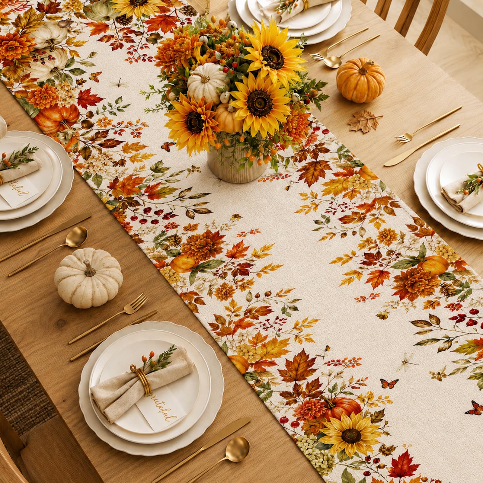 秋のひまわり・かぼちゃ・カエデの葉のテーブルランナー、感謝祭 - Linen Table Runner のレビューと価格